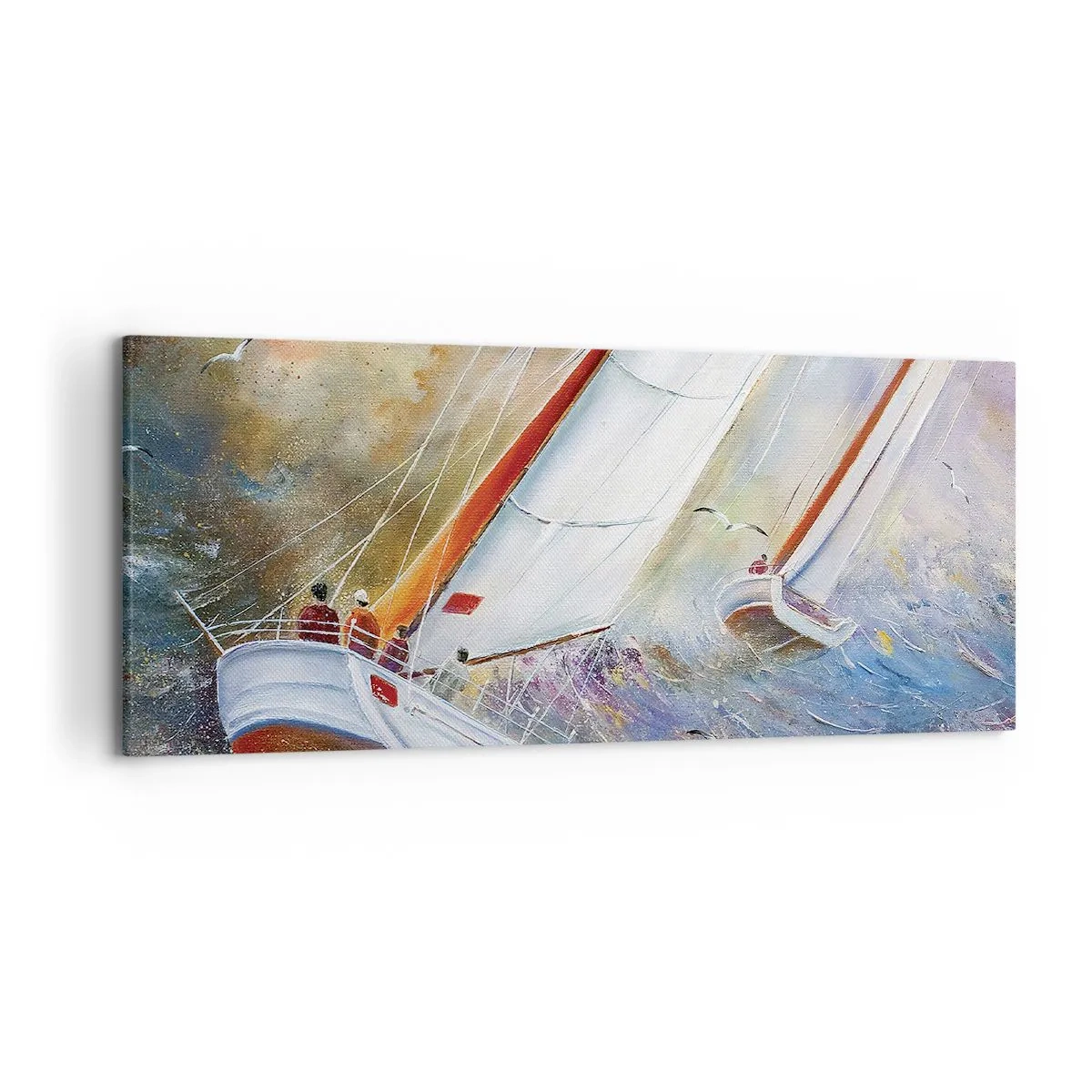 Obraz na płótnie - Żaglówki na wzburzonych falach w dynamicznej kompozycji - 120x50cm - Biegnące po falach - Nowoczesna dekoracja ścienna do salonu i sypialni ARTTOR