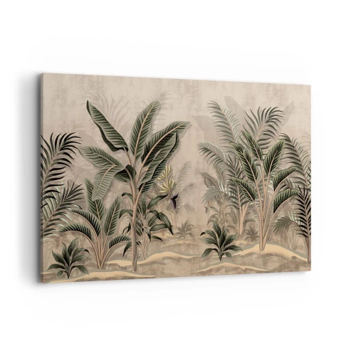 Obraz na płótnie - Palmy i tropikalna roślinność w odcieniach zieleni na beżowym tle - 120x80cm - Rycina w kolonialnym stylu - Nowoczesna dekoracja ścienna do salonu, kuchni i sypialni ARTTOR
