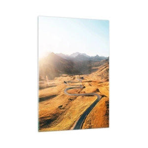 Obraz na szkle - Kręta droga w górach oświetlona zachodzącym słońcem - 70x100cm - W złotej dolinie - Nowoczesna dekoracja ścienna do salonu i sypialni ARTTOR