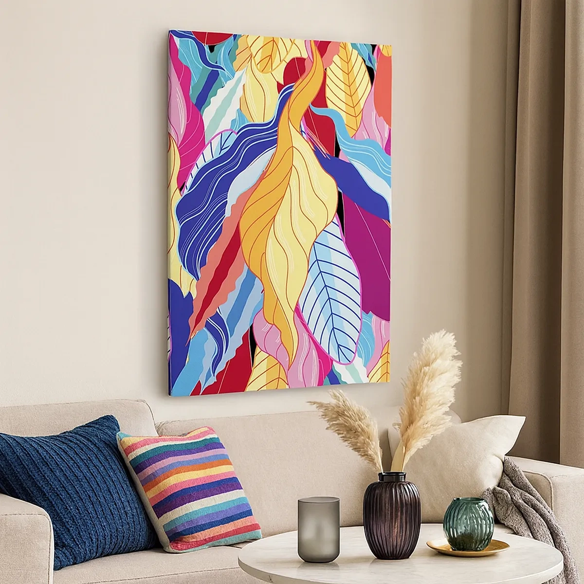 Obraz na płótnie - Kolorowe, abstrakcyjne liście w stylu pop-art - 50x70cm - Kolorowy bałagan - Nowoczesna dekoracja ścienna do salonu, kuchni i sypialni ARTTOR