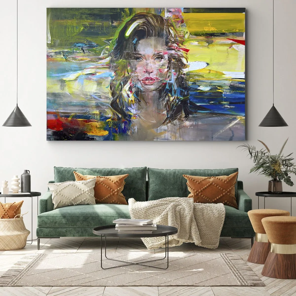 Obraz na płótnie - Abstrakcyjny portret kobiety w intensywnych kolorach - 70x50cm - Za powietrza zasłoną - Nowoczesna dekoracja ścienna do salonu i sypialni ARTTOR