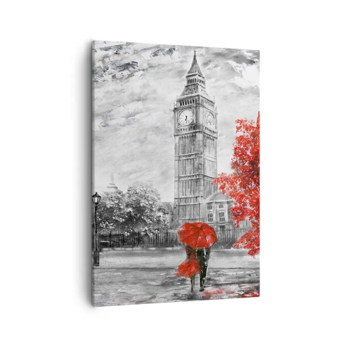 Obraz na płótnie - Czarno-biały widok na Big Ben z parą pod czerwonym parasolem - 50x70cm - Ekscytujący dzień - Nowoczesna dekoracja ścienna do salonu, kuchni i sypialni ARTTOR
