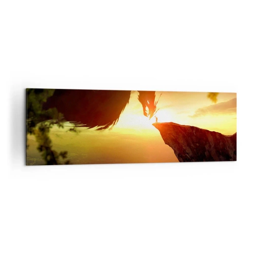 Obraz na płótnie - Smok i człowiek na skale w blasku zachodzącego słońca - 160x50cm - Pogromca smoka - Nowoczesna dekoracja ścienna do salonu i sypialni ARTTOR