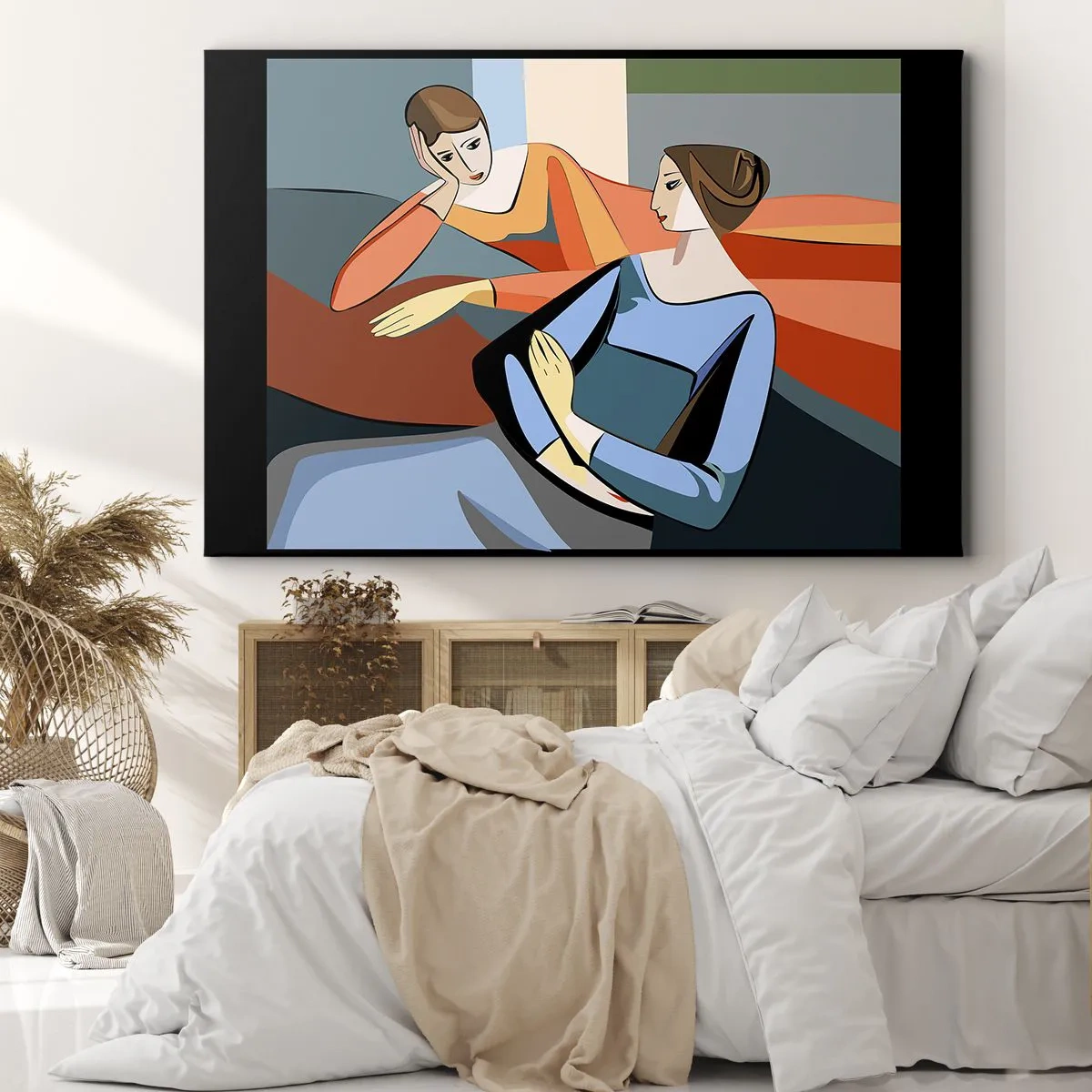 Obraz na płótnie - Abstrakcyjna ilustracja dwóch kobiet w stylu kubistycznym - 70x50cm - Chwila zwierzeń - Nowoczesna dekoracja ścienna do salonu i sypialni ARTTOR