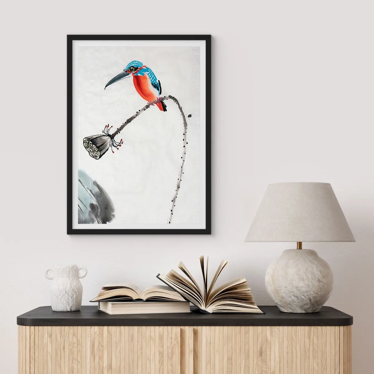 Plakat w czarnej ramie - Kolorowy zimorodek na gałęzi w stylu akwarelowym - 50x70cm - Życie łąki - Nowoczesna dekoracja ścienna do salonu i sypialni ARTTOR