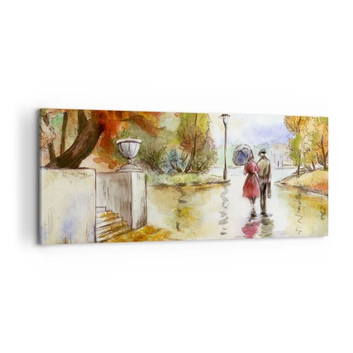 Obraz na płótnie - Spacer w jesiennym parku z parasolem - 120x50cm - Romantyczna jesień w parku - Nowoczesna dekoracja ścienna do salonu i sypialni ARTTOR