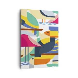 Obraz na płótnie - Abstrakcyjna ilustracja kolorowych ptaków w geometrycznej kompozycji - 50x70cm - Ptasie party - Nowoczesna dekoracja ścienna do salonu, kuchni i sypialni ARTTOR