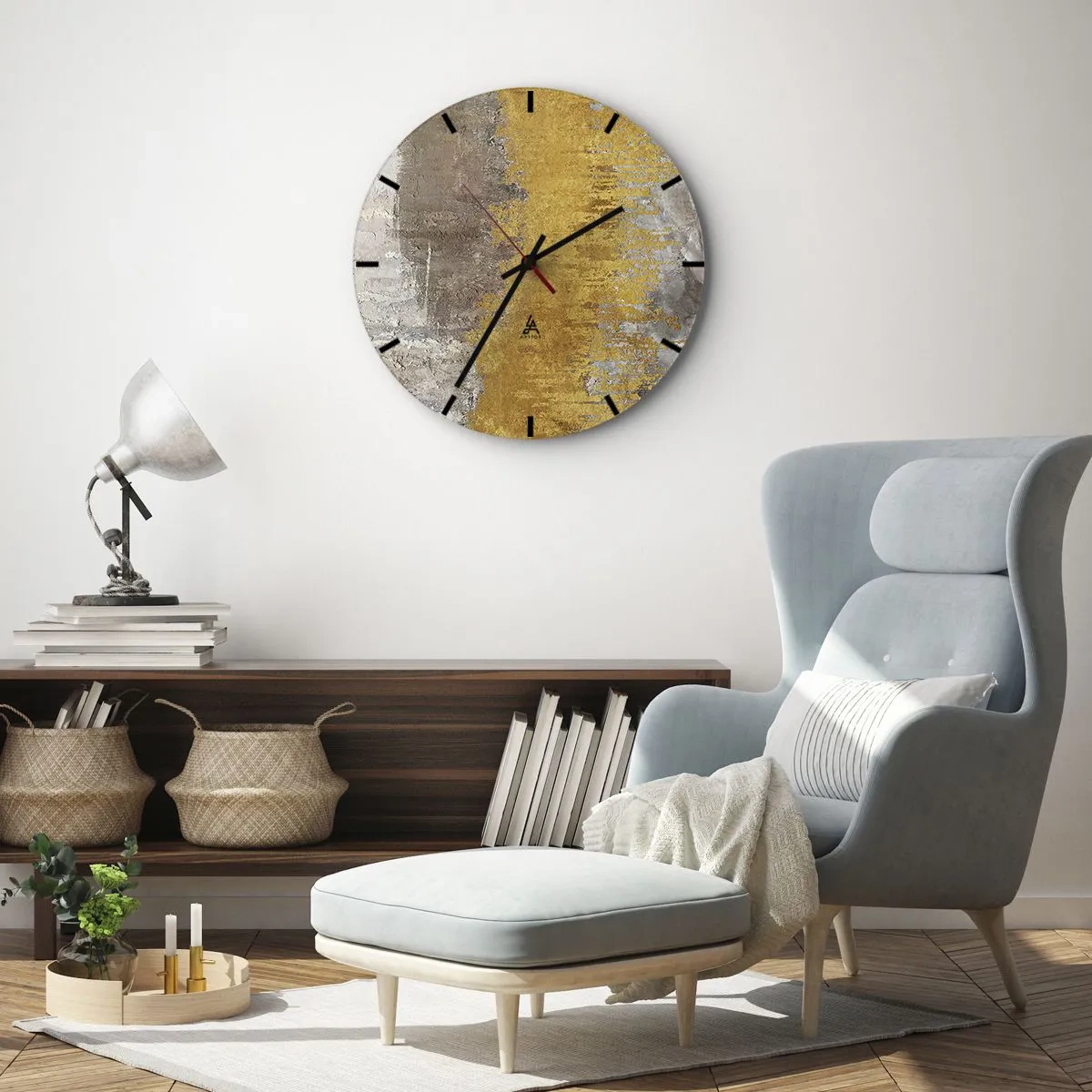 Zegar ścienny - Złoto-szara faktura w stylu abstrakcyjnym - 30x30cm - Złocisty podmuch - Nowoczesna dekoracja ścienna do salonu, kuchni i sypialni ARTTOR