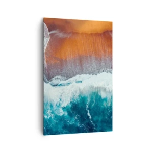 Obraz na płótnie - Widok na oceaniczne fale rozbijające się o złocistą plażę - 80x120cm - Dotyk oceanu - Nowoczesna dekoracja ścienna do salonu i sypialni ARTTOR