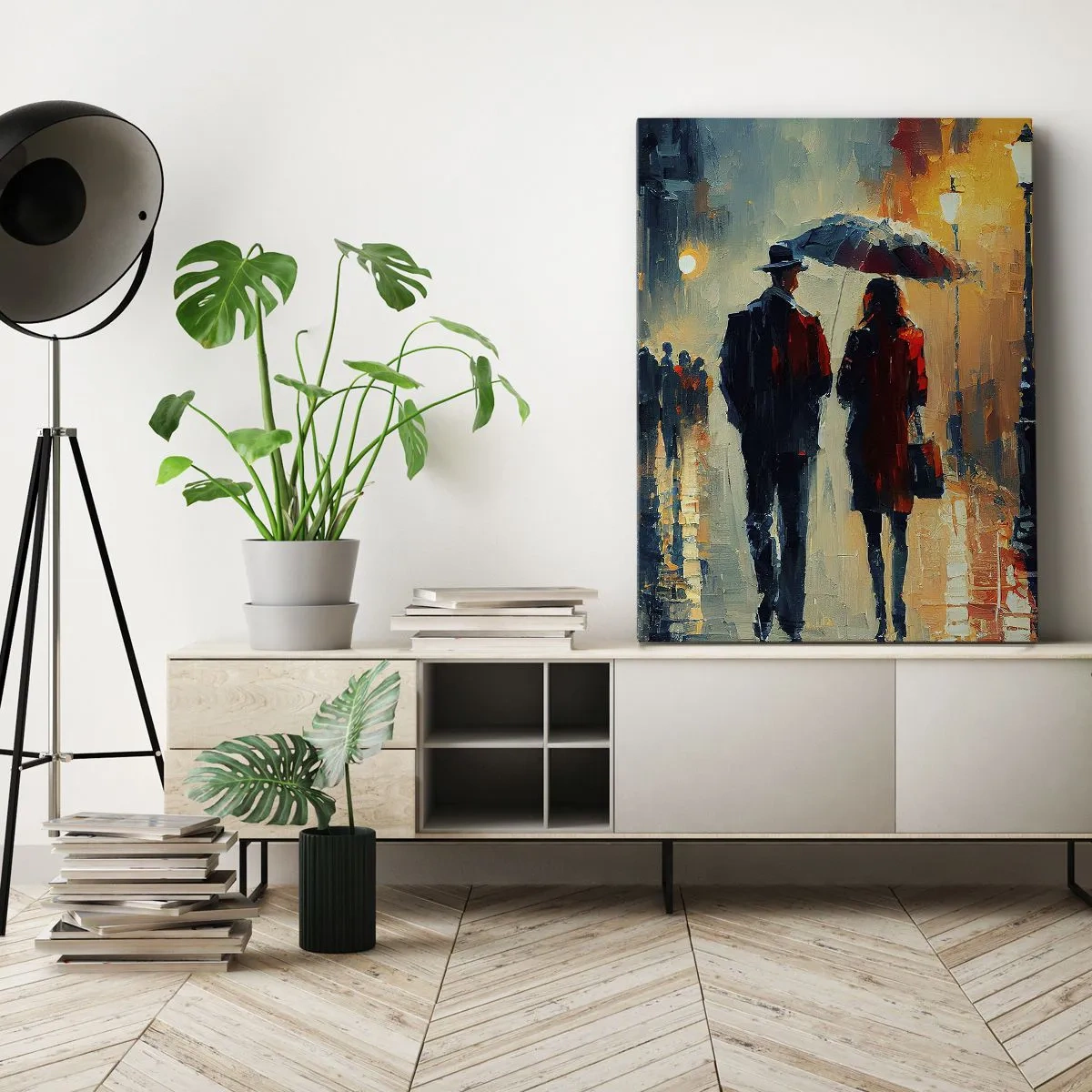 Obraz na płótnie - Para pod parasolem spacerująca w deszczu po mieście - 50x70cm - Miejska love story - Nowoczesna dekoracja ścienna do salonu, kuchni i sypialni ARTTOR