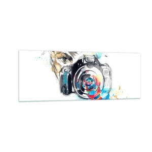 Obraz na szkle - Akwarela aparatu fotograficznego z kolorowymi detalami - 140x50cm - W oku obiektywu - Nowoczesna dekoracja ścienna do salonu i sypialni ARTTOR