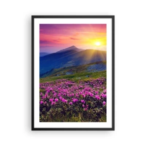 Plakat w czarnej ramie - Górska panorama z kwitnącymi różanecznikami i zachodem słońca - 50x70cm - … A dokoła pachnie kosodrzewina i wonieją zioła - Nowoczesna dekoracja ścienna do salonu i sypialni ARTTOR