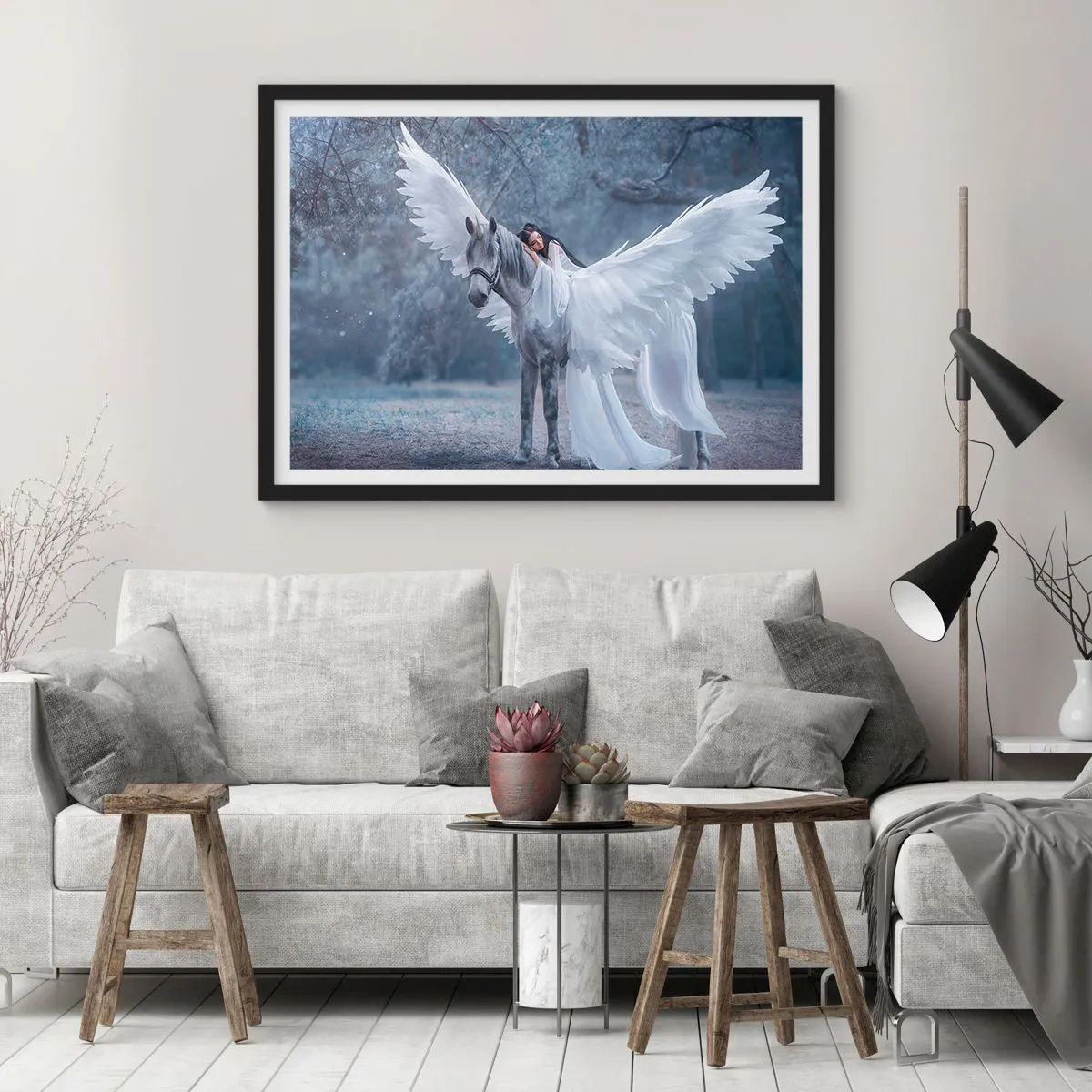 Plakat w czarnej ramie - Kobieta na białym koniu ze skrzydłami w magicznym lesie - 70x50cm - Natchniona chwila - Nowoczesna dekoracja ścienna do salonu i sypialni ARTTOR