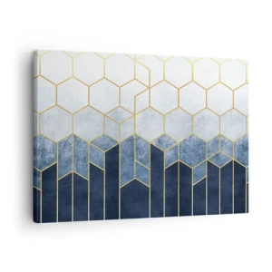 Obraz na płótnie - Geometryczny wzór w odcieniach złota i granatu - 70x50cm - Kompozycja w synkopowym rytmie - Nowoczesna dekoracja ścienna do salonu i sypialni ARTTOR