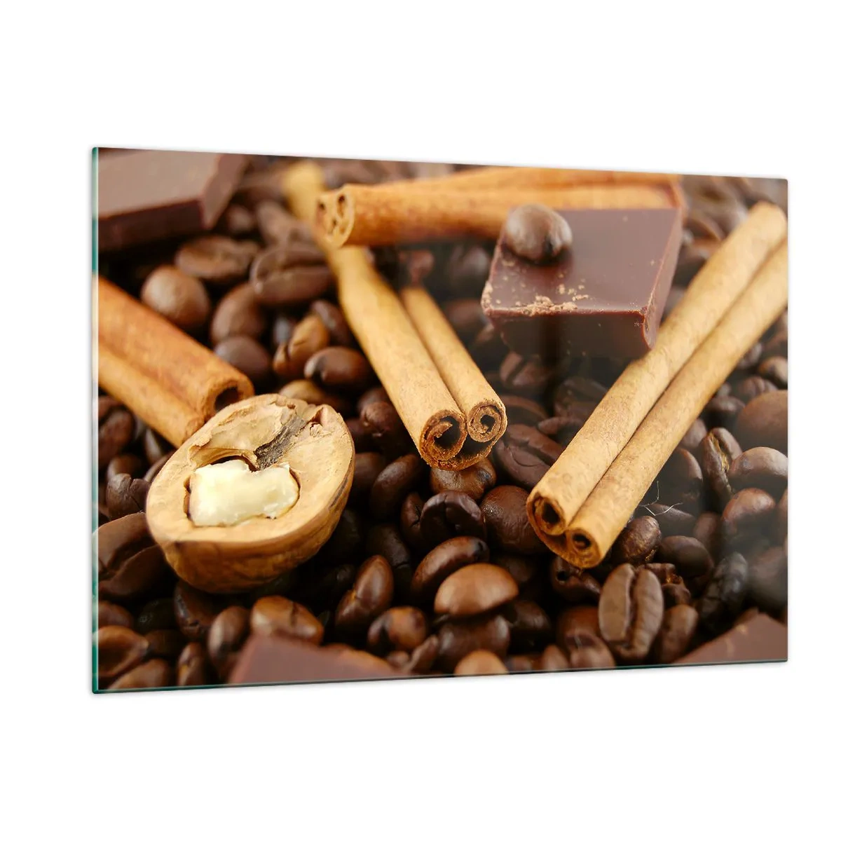 Obraz na szkle - Kawa, cynamon, czekolada i orzech na zbliżeniu - 120x80cm - Koncert aromatów - Nowoczesna dekoracja ścienna do salonu, kuchni i sypialni ARTTOR