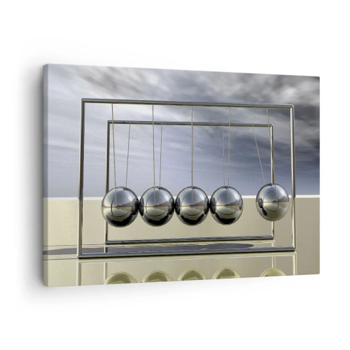 Obraz na płótnie - Kule Newtona w minimalistycznym otoczeniu z refleksami światła - 70x50cm - Energia świata - Nowoczesna dekoracja ścienna do salonu i sypialni ARTTOR