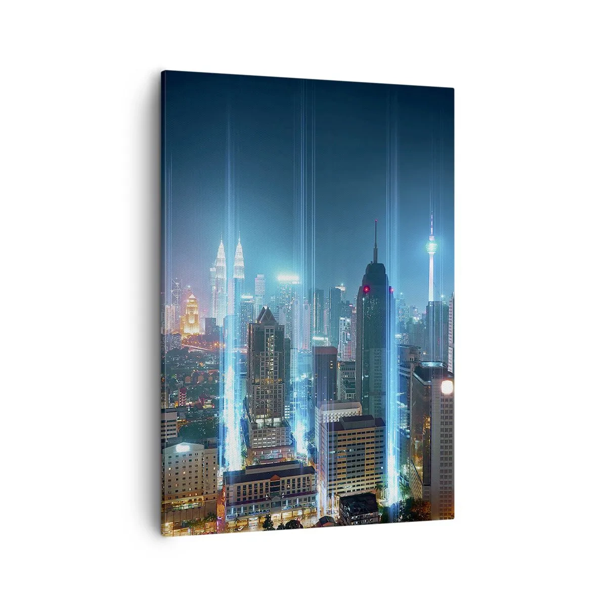 Obraz na płótnie - Widok na nowoczesną, oświetloną panoramę miasta nocą, z wieżowcami i neonami - 50x70cm - Po berlińsku do nieba - Nowoczesna dekoracja ścienna do salonu, kuchni i sypialni ARTTOR