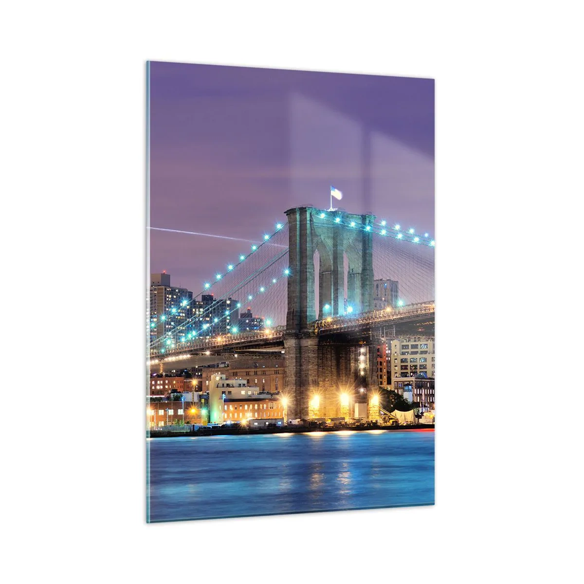 Obraz na szkle - Brooklyn Bridge nocą z podświetlonymi wieżami i miastem - 50x70cm - Od wielu lat Brookliński Most - Nowoczesna dekoracja ścienna do salonu, kuchni i sypialni ARTTOR