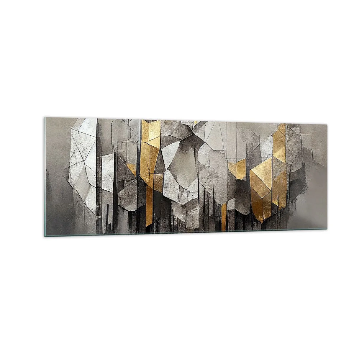Obraz na szkle - Geometryczna abstrakcja w odcieniach złota i szarości - 140x50cm - Kompozycja z lodu i światła - Nowoczesna dekoracja ścienna do salonu i sypialni ARTTOR