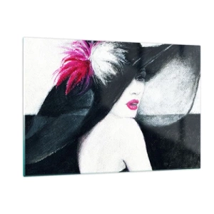 Obraz na szkle - Portret kobiety w dużym kapeluszu z różowym piórem - 120x80cm - Zawsze tajemnica - Nowoczesna dekoracja ścienna do salonu, kuchni i sypialni ARTTOR