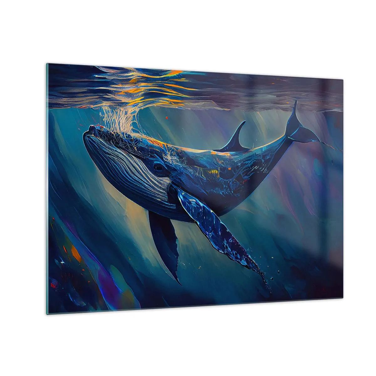 Obraz na szkle - Wieloryb unoszący się pod taflą wody w świetle słońca - 70x50cm - Witaj w moim świecie - Nowoczesna dekoracja ścienna do salonu i sypialni ARTTOR