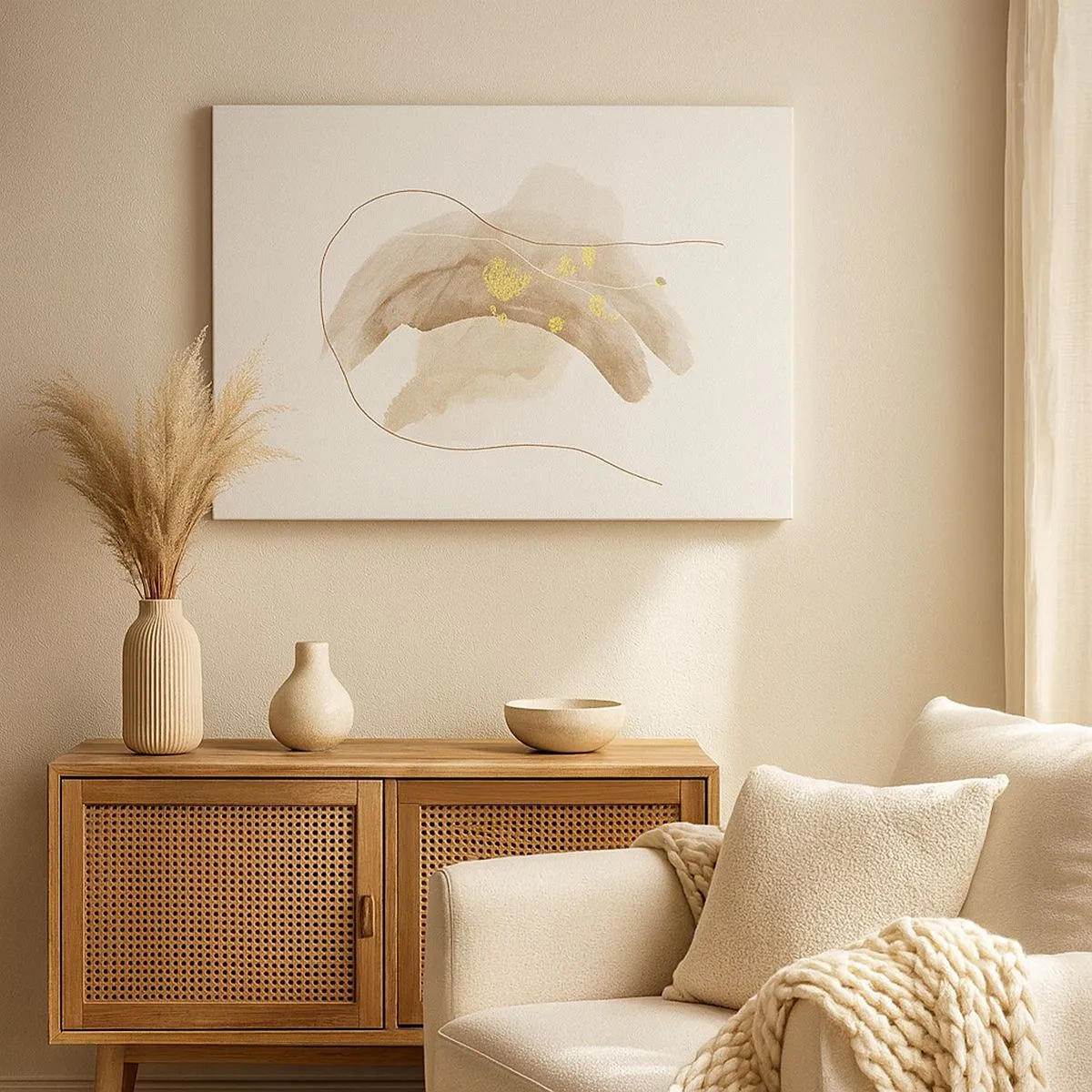 Obraz na płótnie - Abstrakcyjna kompozycja w odcieniach beżu i złota - 70x50cm - Napotkane w przestrzeni - Nowoczesna dekoracja ścienna do salonu i sypialni ARTTOR