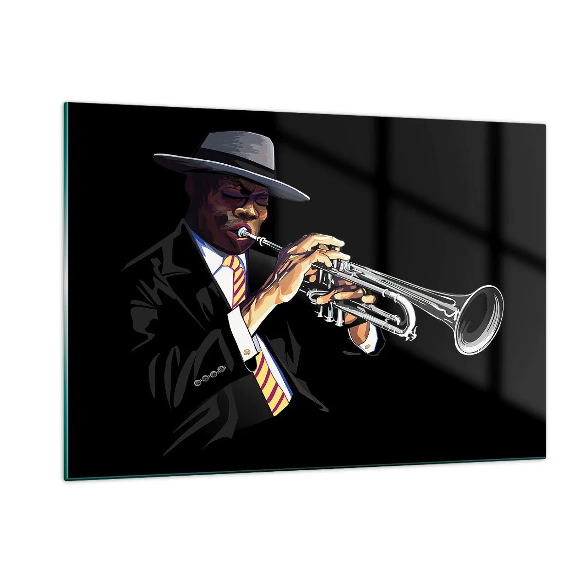 Obraz na szkle - Czarnoskóry muzyk z trąbką w kapeluszu na czarnym tle - 120x80cm - Czar starej szkoły - Nowoczesna dekoracja ścienna do salonu, kuchni i sypialni ARTTOR