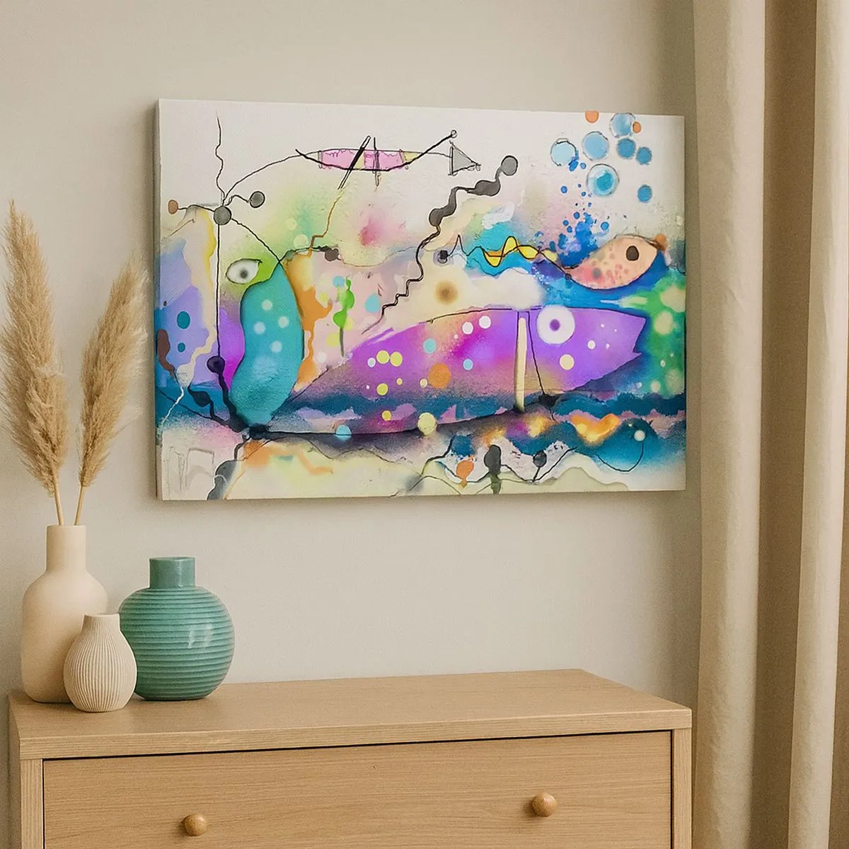 Obraz na płótnie - Abstrakcyjne ryby w kolorowej, surrealistycznej kompozycji - 70x50cm - Brak słów! - Nowoczesna dekoracja ścienna do salonu i sypialni ARTTOR