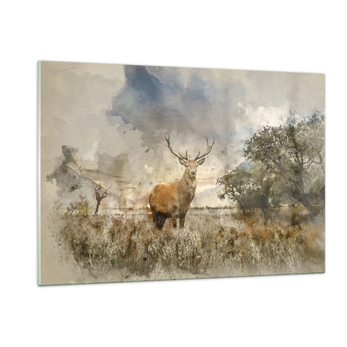 Obraz na szkle - Jeleń w naturalnym krajobrazie na tle subtelnych barw - 120x80cm - Godność - siła - dostojeństwo - Nowoczesna dekoracja ścienna do salonu, kuchni i sypialni ARTTOR