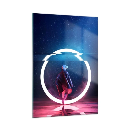 Obraz na szkle - Postać w futurystycznej scenerii z neonowym pierścieniem - 50x70cm - Między światami - Nowoczesna dekoracja ścienna do salonu, kuchni i sypialni ARTTOR