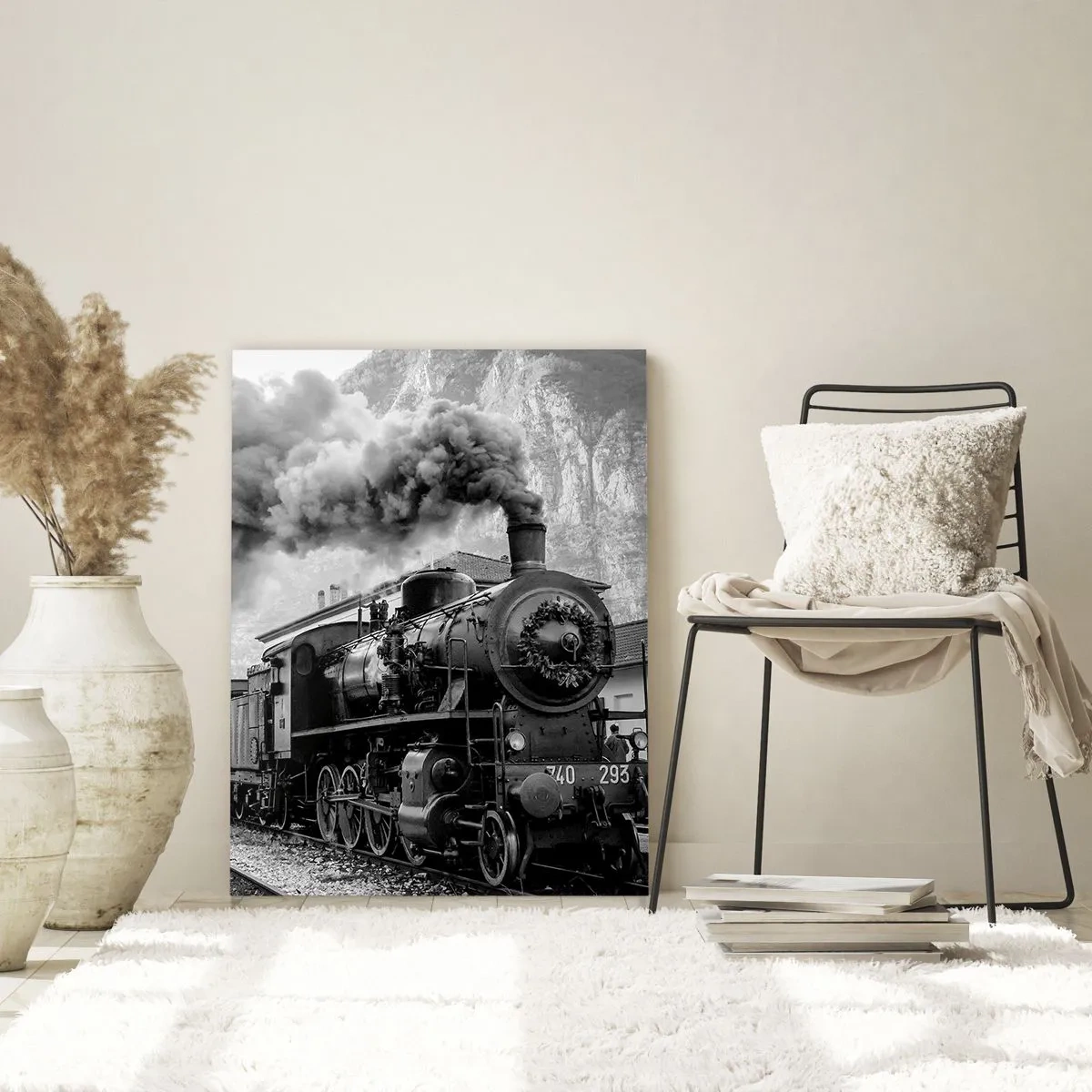 Obraz na szkle - Stary pociąg parowy w górskim krajobrazie - 50x70cm - Stoi na stacji… - Nowoczesna dekoracja ścienna do salonu, kuchni i sypialni ARTTOR