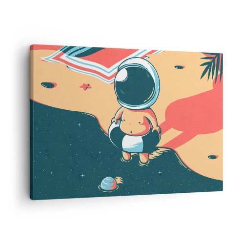 Obraz na płótnie - Zabawny astronauta na plaży z kosmicznymi elementami w tle - 70x50cm - Z innej perspektywy - Nowoczesna dekoracja ścienna do salonu i sypialni ARTTOR