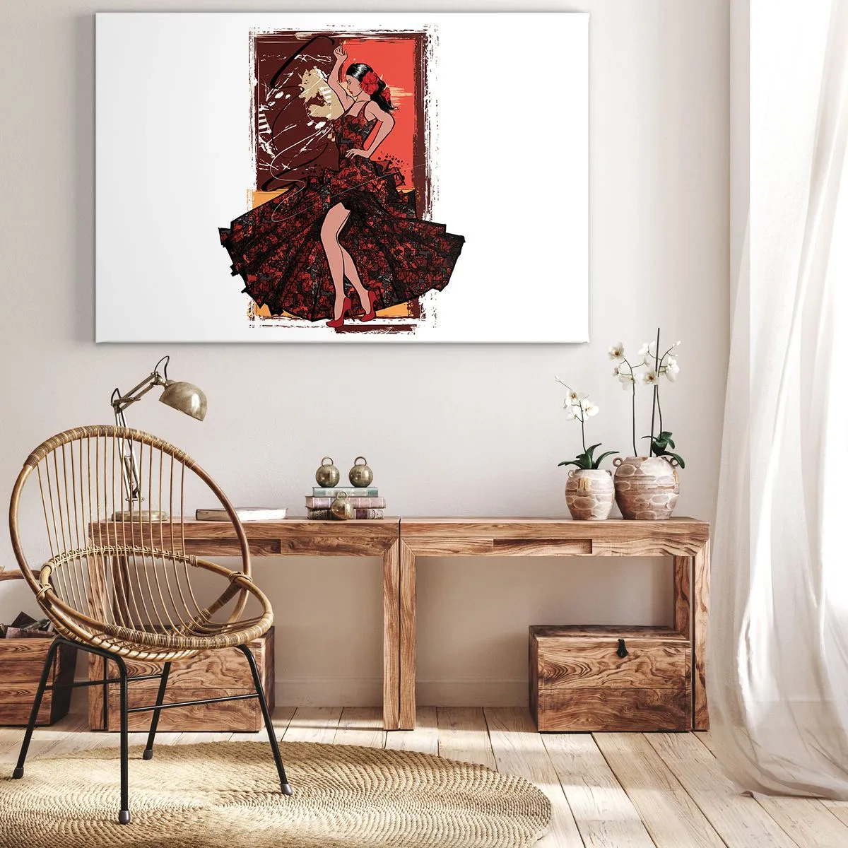 Obraz na płótnie - Tancerka w czerwono-czarnej sukni na artystycznym tle - 70x50cm - W rytmie serca - Nowoczesna dekoracja ścienna do salonu i sypialni ARTTOR