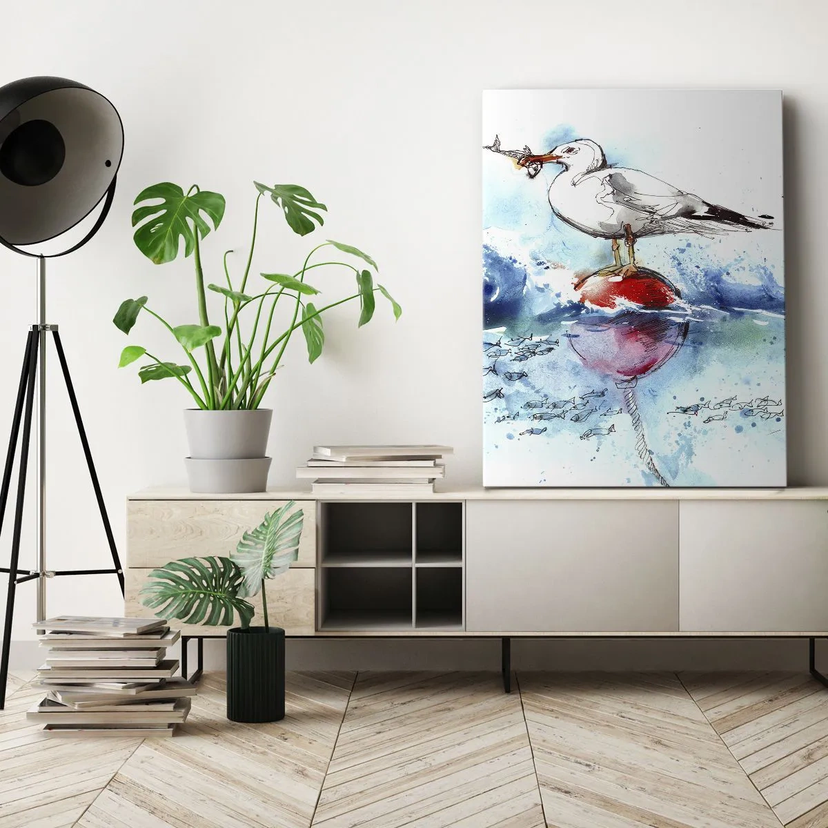 Obraz na płótnie - Akwarelowa mewa stojąca na boi z rybą w dziobie, otoczona błękitną wodą - 50x70cm - Udany połów - Nowoczesna dekoracja ścienna do salonu, kuchni i sypialni ARTTOR
