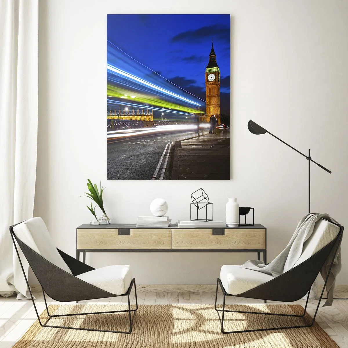 Obraz na szkle - Big Ben nocą z efektem świateł w ruchu na ulicy - 70x100cm - Pod okiem Big Bena - Nowoczesna dekoracja ścienna do salonu i sypialni ARTTOR