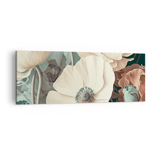 Obraz na płótnie - Eleganckie kwiaty w pastelowych odcieniach na zielonym tle - 140x50cm - Szept maków - Nowoczesna dekoracja ścienna do salonu i sypialni ARTTOR