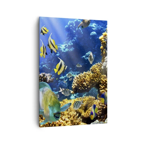 Obraz na płótnie - Kolorowa rafa koralowa z tropikalnymi rybami w głębinach oceanu - 70x100cm - Duży ruch na wakacyjnym szlaku - Nowoczesna dekoracja ścienna do salonu i sypialni ARTTOR