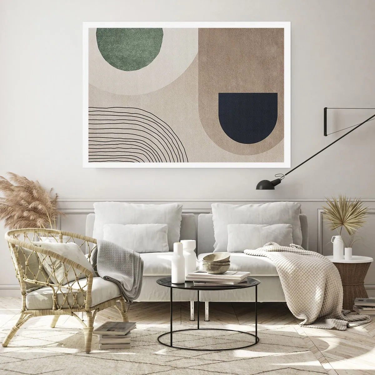 Plakat - Geometryczne kształty w odcieniach beżu i zieleni - 100x70cm - Łagodność owalu - Nowoczesna dekoracja ścienna do salonu i sypialni ARTTOR