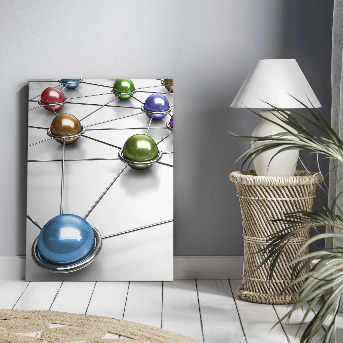 Obraz na płótnie - Kolorowe kulki połączone metalowymi liniami - 50x70cm - Kosmiczna pajęczyna - Nowoczesna dekoracja ścienna do salonu, kuchni i sypialni ARTTOR