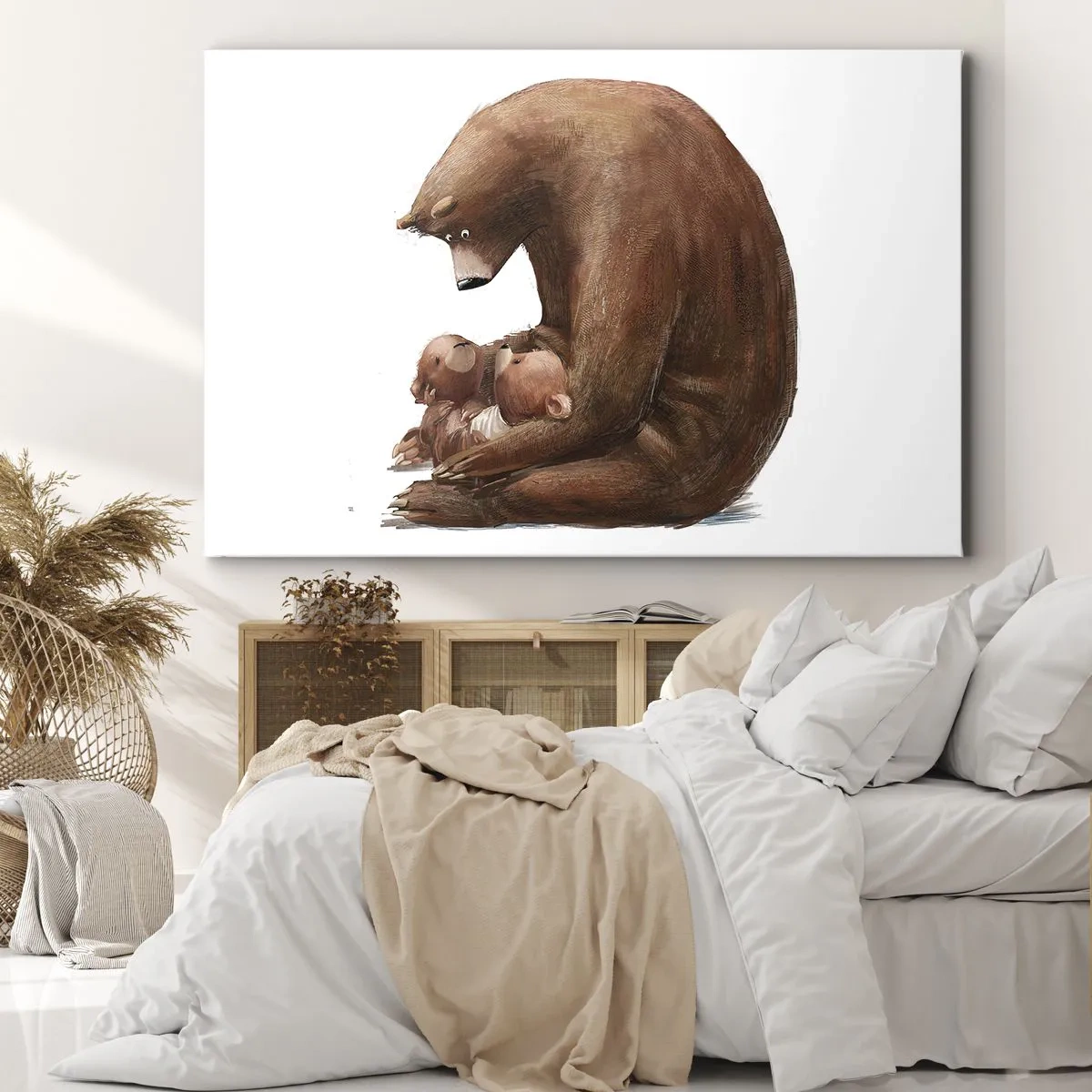Obraz na płótnie - Niedźwiedzica z dwoma małymi niedźwiadkami w ramionach - 70x50cm - Słodkich snów, dzieciaki - Nowoczesna dekoracja ścienna do salonu i sypialni ARTTOR