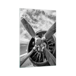 Obraz na szkle - Czarno-białe zdjęcie śmigła samolotu na tle dynamicznego nieba - 70x100cm - Pogromca przestworzy - Nowoczesna dekoracja ścienna do salonu i sypialni ARTTOR