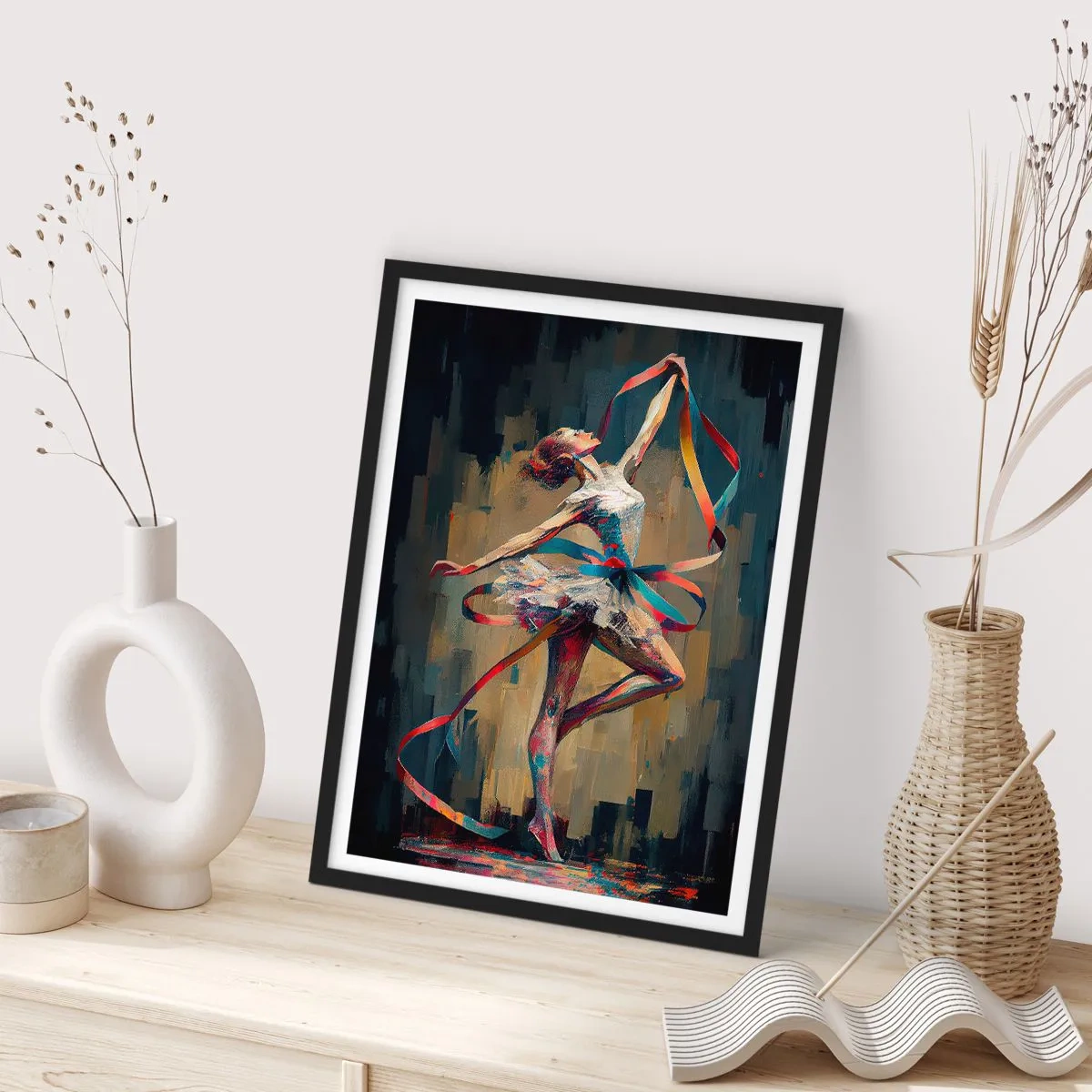 Plakat w czarnej ramie - Tancerka w dynamicznej pozie z kolorowymi wstęgami - 50x70cm - Taniec ze wstęgą - Nowoczesna dekoracja ścienna do salonu i sypialni ARTTOR