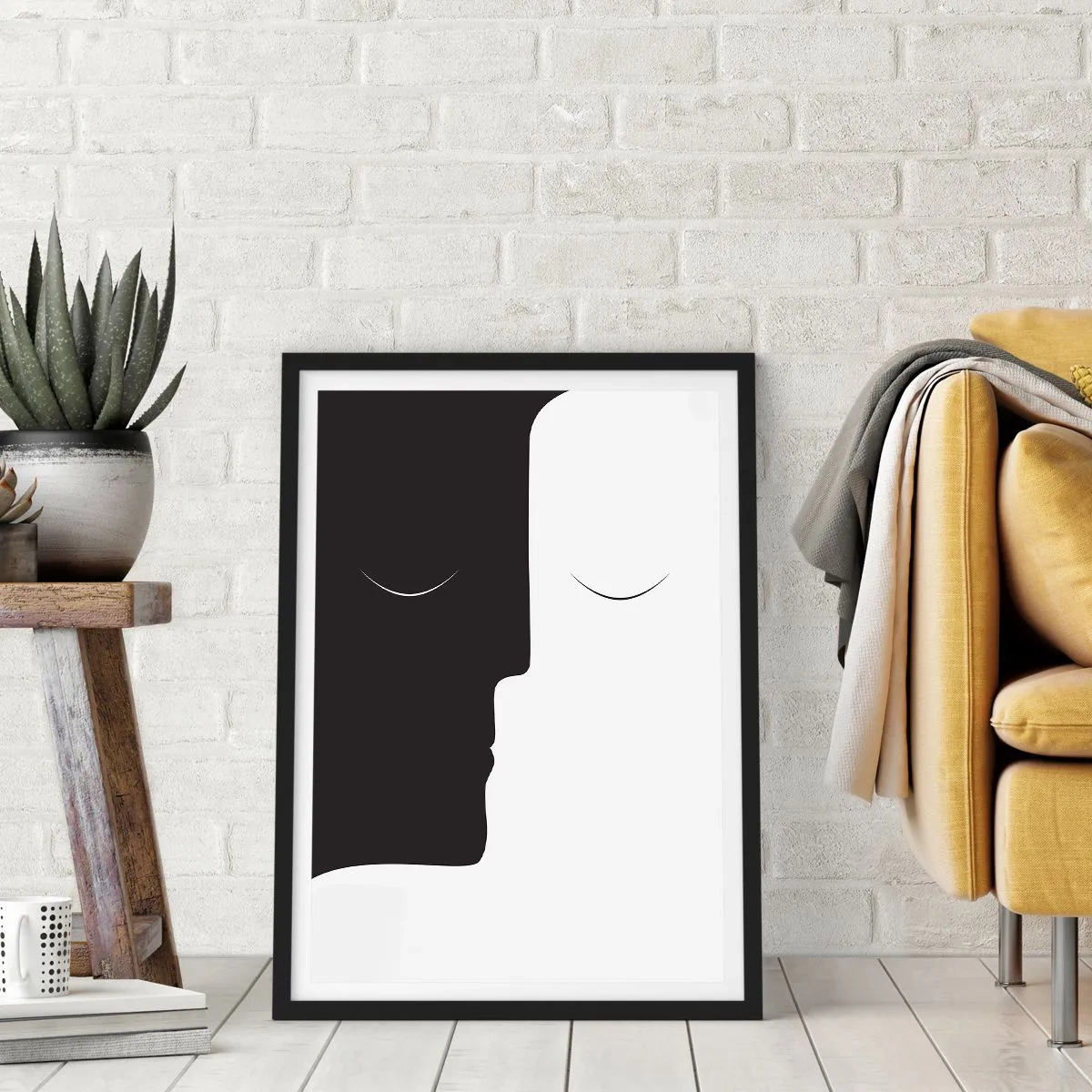 Plakat w czarnej ramie - Minimalistyczna grafika dwóch twarzy w czerni i bieli tworzących jedność - 50x70cm - Jedność przeciwieństw - Nowoczesna dekoracja ścienna do salonu i sypialni ARTTOR