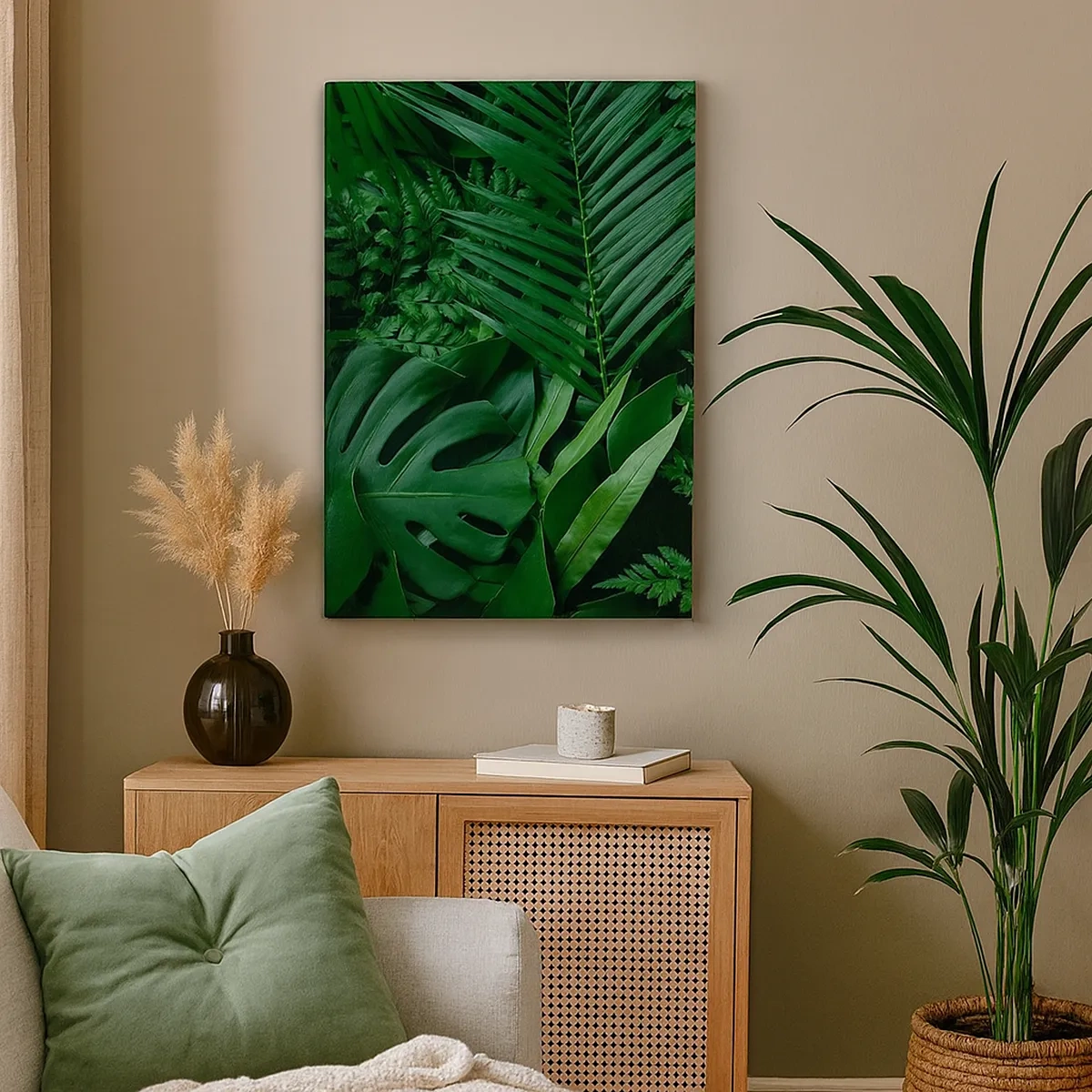 Obraz na płótnie - Zielone liście tropikalnych roślin, takich jak monstera i palma - 50x70cm - Utulone w zieleni - Nowoczesna dekoracja ścienna do salonu, kuchni i sypialni ARTTOR