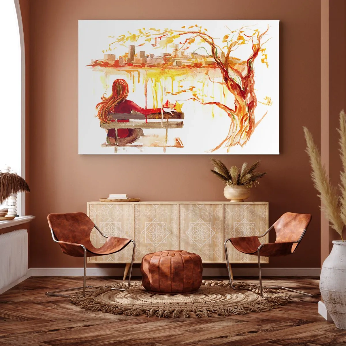 Obraz na płótnie - Akwarelowa scena kobiety na ławce z widokiem na miasto - 120x80cm - Chwila zadumy - Nowoczesna dekoracja ścienna do salonu, kuchni i sypialni ARTTOR