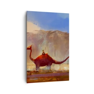 Obraz na płótnie - Fantazyjna scena z jeźdźcem na prehistorycznym stworzeniu - 80x120cm - Gdyby nie wyginęły - Nowoczesna dekoracja ścienna do salonu i sypialni ARTTOR
