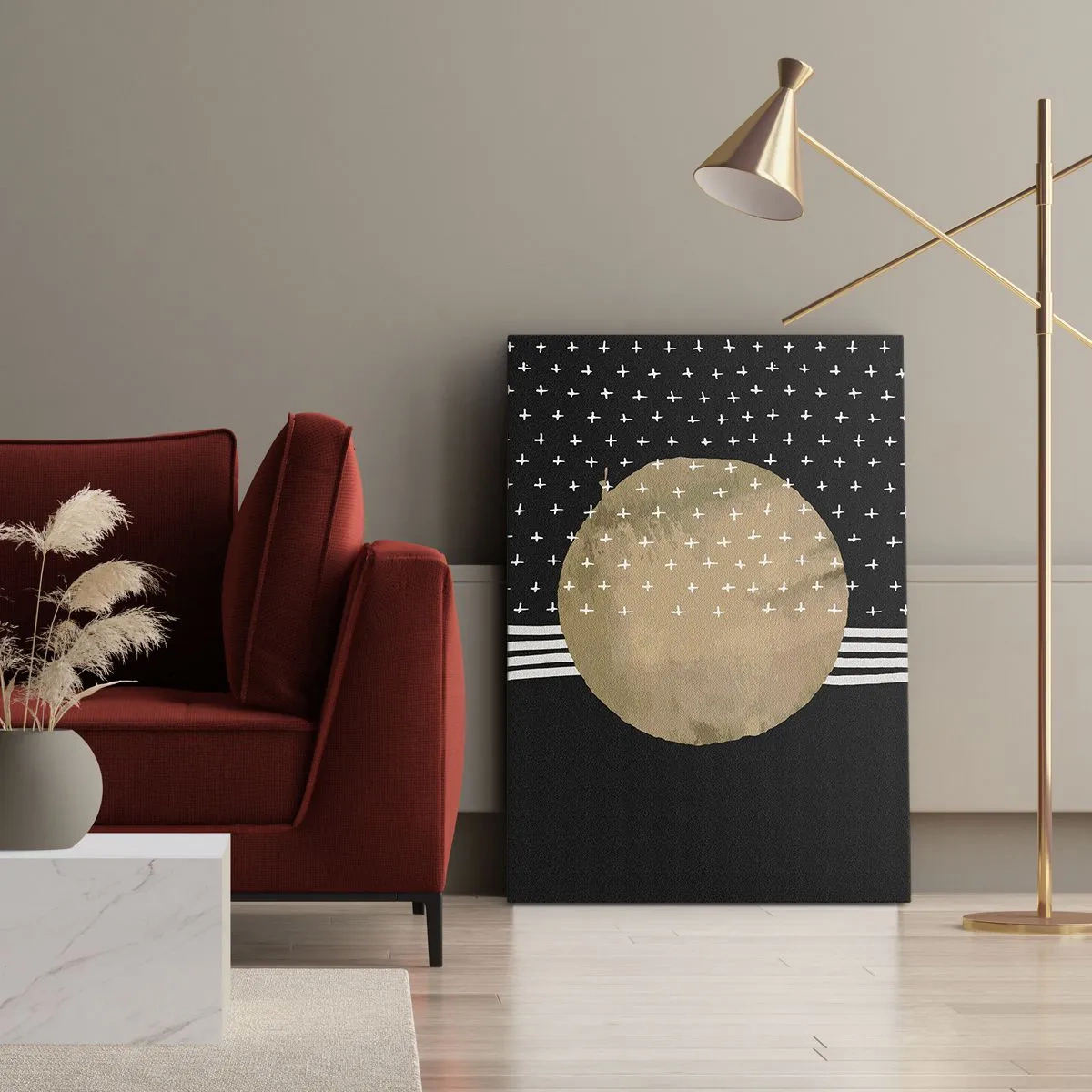 Obraz na płótnie - Abstrakcyjny złoty okrąg na czarnym tle z geometrycznymi wzorami - 50x70cm - Kompozycja: flaga galaktyki - Nowoczesna dekoracja ścienna do salonu, kuchni i sypialni ARTTOR