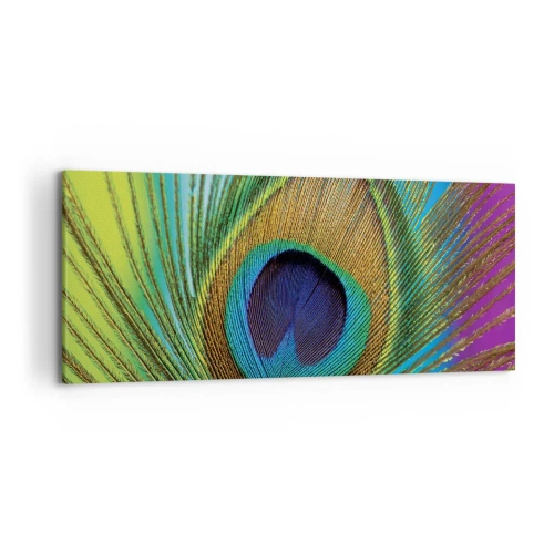 Obraz na płótnie - Zbliżenie na pióro pawia z wyrazistymi kolorami - 120x50cm - Oko w oko - Nowoczesna dekoracja ścienna do salonu i sypialni ARTTOR