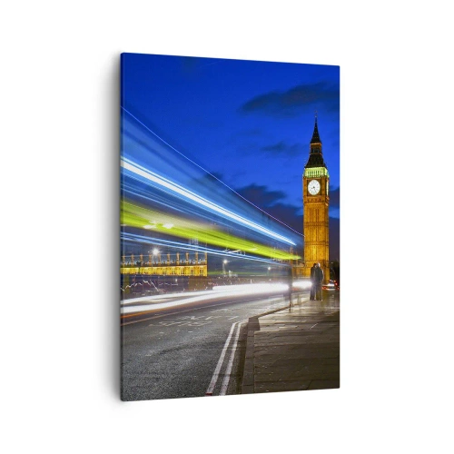 Obraz na płótnie - Big Ben nocą z efektami świetlnymi ruchu ulicznego - 50x70cm - Pod okiem Big Bena - Nowoczesna dekoracja ścienna do salonu, kuchni i sypialni ARTTOR