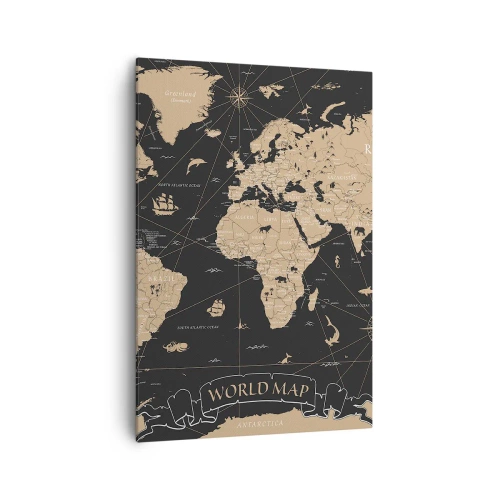 Obraz na płótnie - Stylizowana mapa świata na czarnym tle z beżowymi akcentami - 70x100cm - Granice mojego świata - Nowoczesna dekoracja ścienna do salonu i sypialni ARTTOR